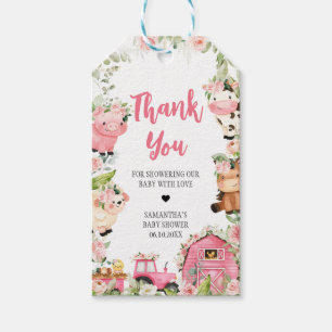 Pink Floral Farm Barnyard Baby Shower Fevor Tags Geschenkanhänger