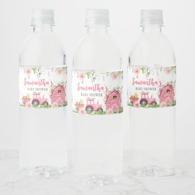 Pink Floral Farm Barnyard Babydusche Wasserflaschenetikett (Flaschen)