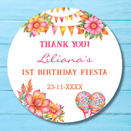 Pink Floral Fiesta 1. Geburtstag Vielen Dank Runder Aufkleber