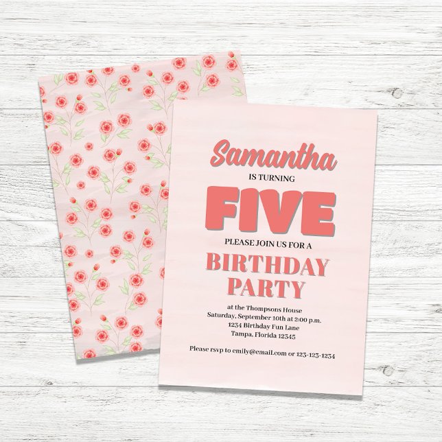Pink Floral Fifth Birthday Girl Party Template Einladung (Pink Girl Birthday Party Custom Invitations.)