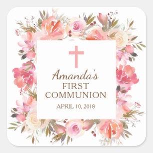 Pink Floral First Holy Communion Aufkleber