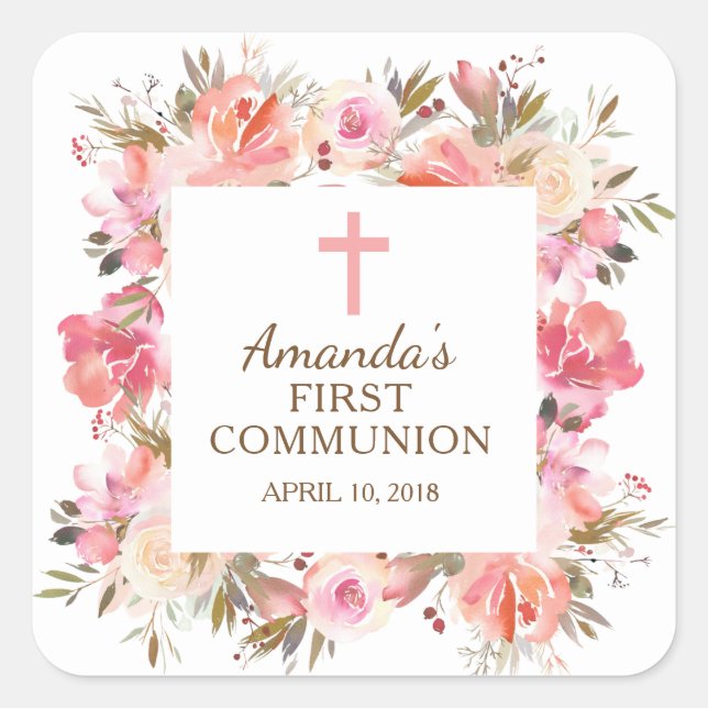 Pink Floral First Holy Communion Aufkleber (Vorderseite)