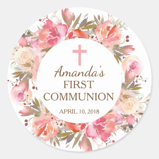 Pink Floral First Holy Communion Aufkleber (Vorderseite)