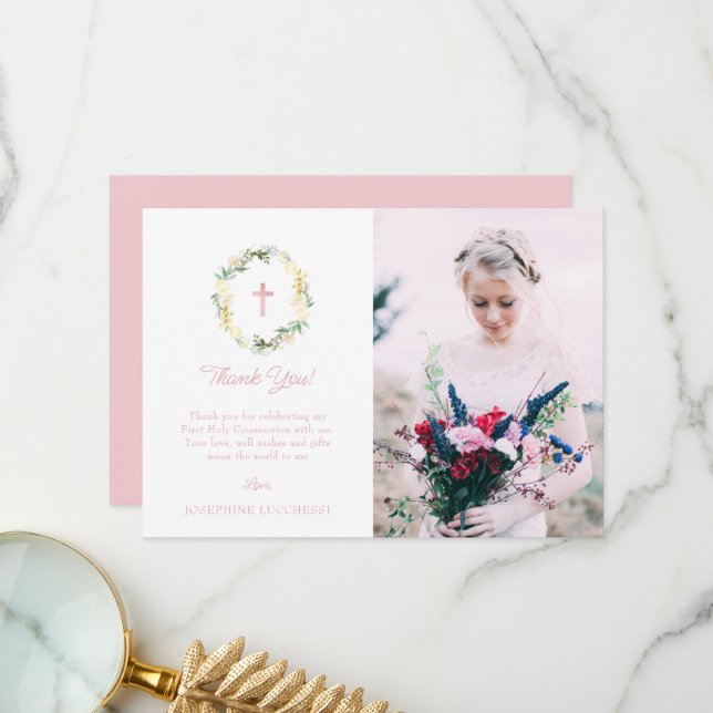 Pink Floral First Holy Communy Foto Dankeskarte (Vorderseite/Rückseite Beispiel)