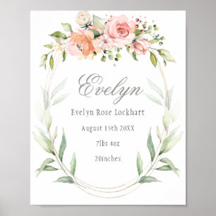 Pink Floral Foliage Baby Geburtszeichen Poster