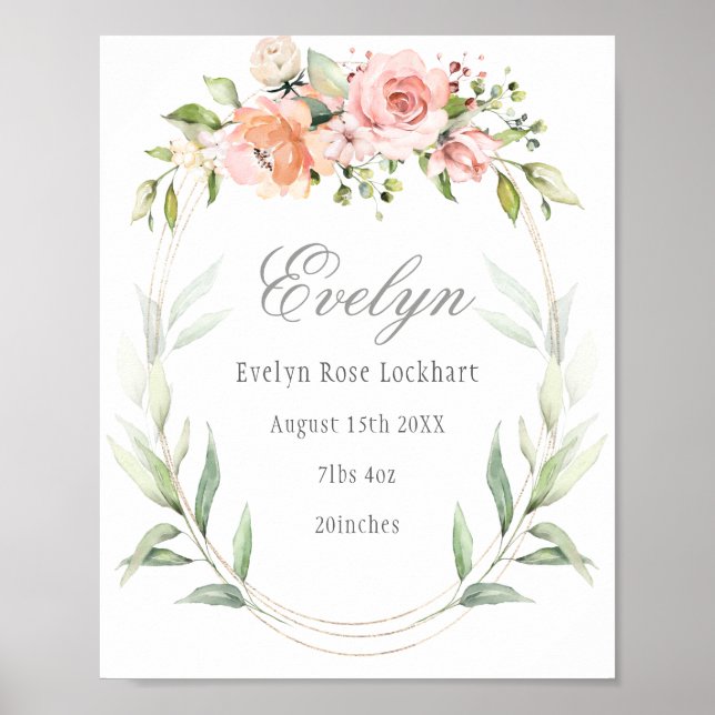 Pink Floral Foliage Baby Geburtszeichen Poster (Vorne)