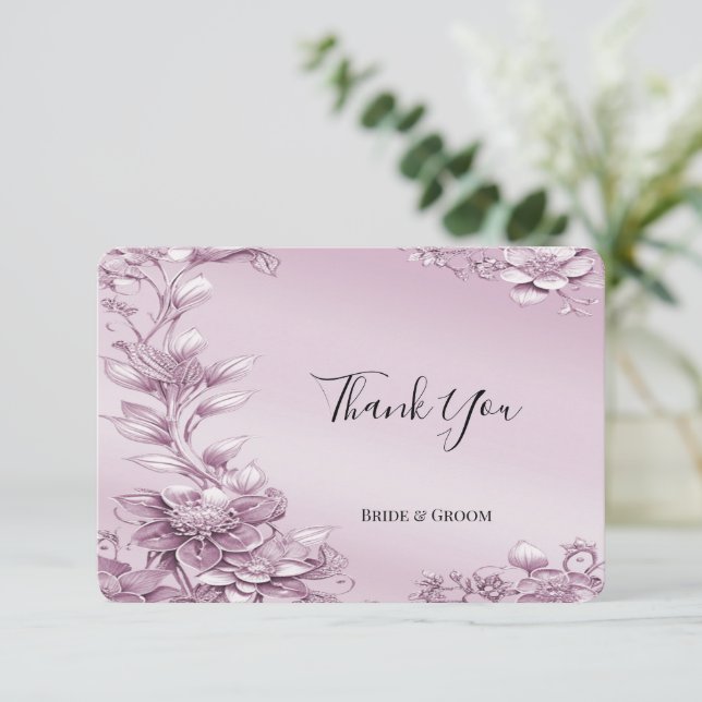 Pink Floral Foliage Danke Karte (Stehend Vorderseite)