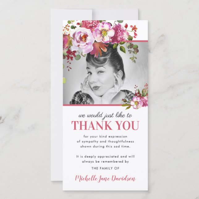 Pink Floral Foto Beerdigung Danke (Vorderseite)
