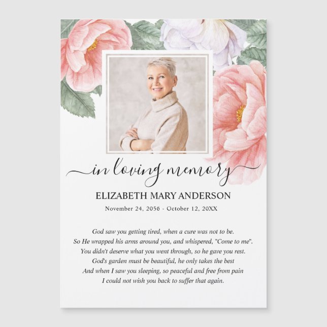 Pink Floral Foto Beileid Beerdigung Gebetkarte Magnetkarte