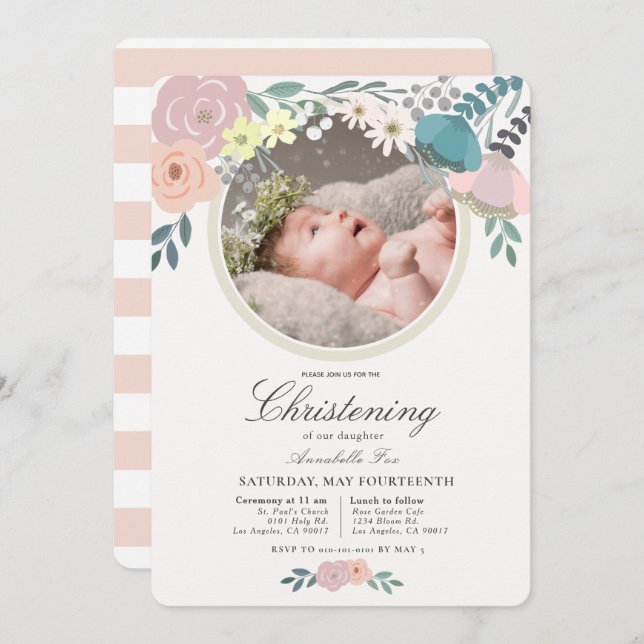 Pink Floral Foto Girl Christening Einladung (Vorne/Hinten)