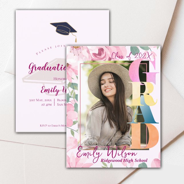 Pink Floral Foto Graduation Party Mini Einladung (Pink Floral Photo Graduation Party Mini Invitation)