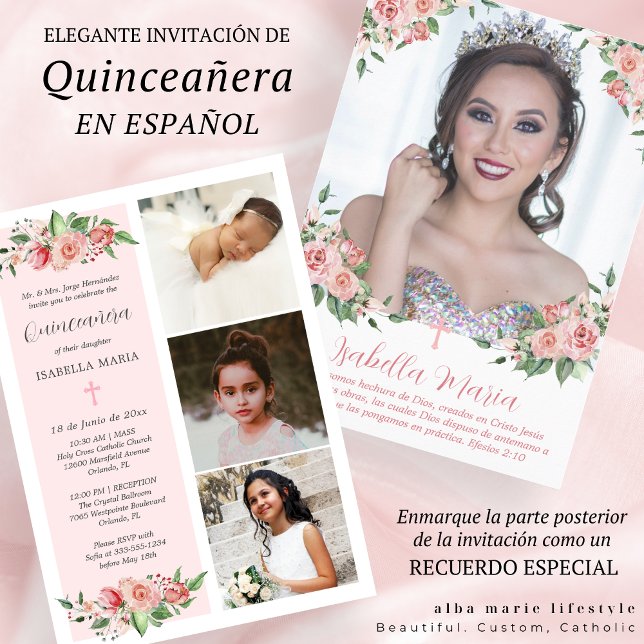 Pink Floral Foto Quinceañera Einladung Spanisch (Von Creator hochgeladen)