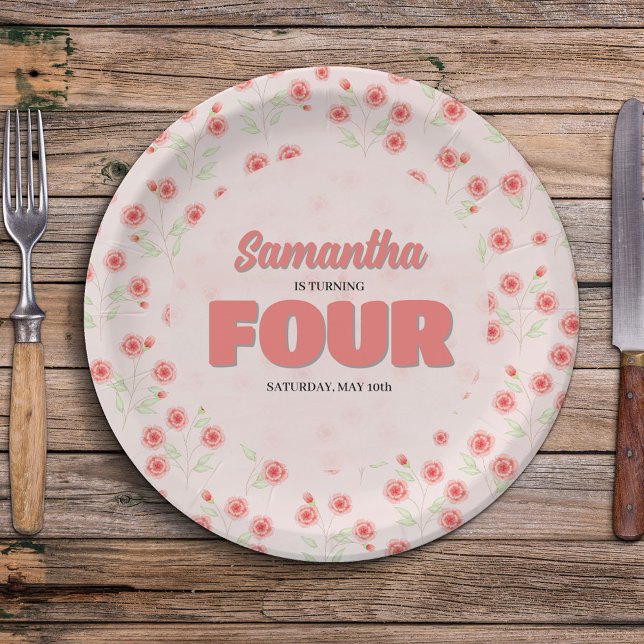 Pink Floral Fourth Birthday Girl Party Custom Pappteller (Cute pink floral custom party paper plates. )
