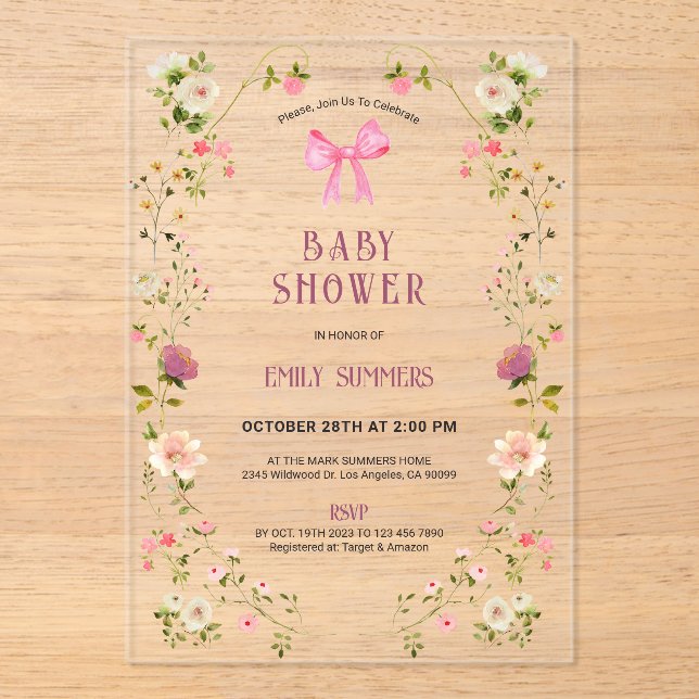 Pink Floral Frame Baby Shower Invitation Acryleinladungen (Vorderseite)