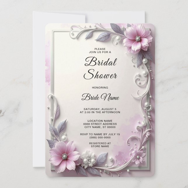 Pink Floral Frame Bridal Shower Einladung (Vorderseite)