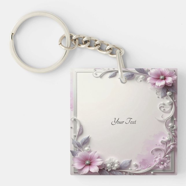 Pink Floral Frame Keychain Schlüsselanhänger (Vorderseite)