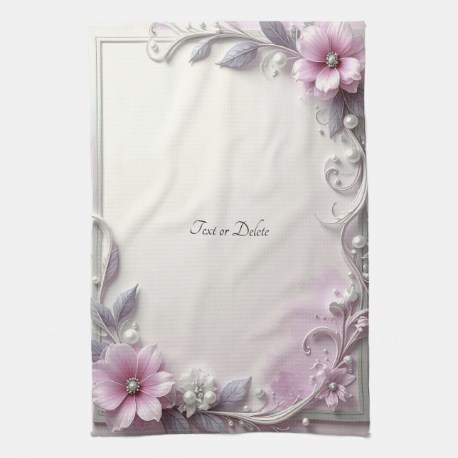 Pink Floral Frame Kitchen Towel Geschirrtuch (Vertikal)
