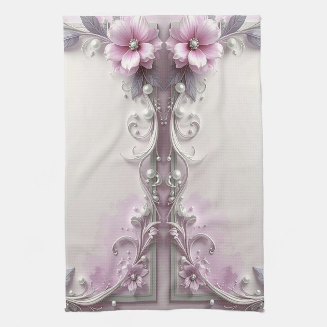 Pink Floral Frame Kitchen Towel Geschirrtuch (Vertikal)
