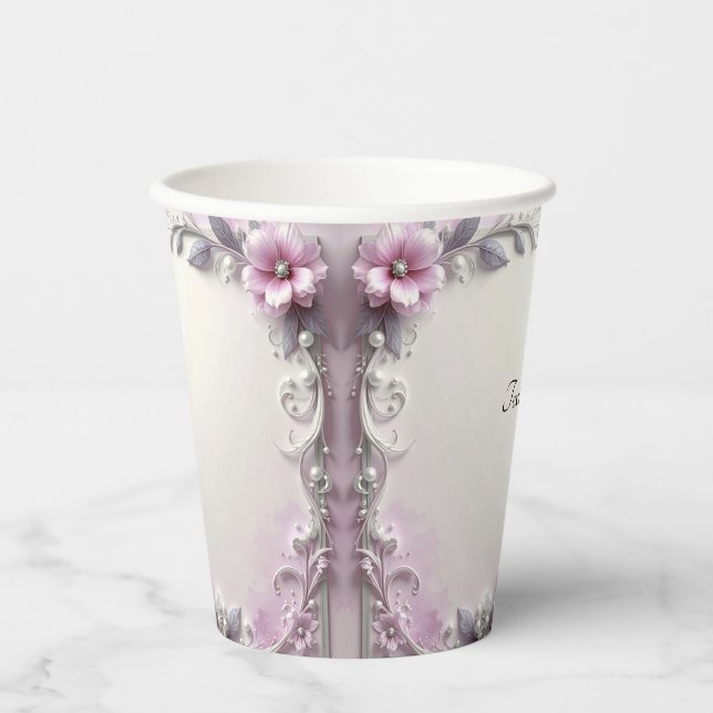 Pink Floral Frame Paper Cups Pappbecher (Vorderseite)