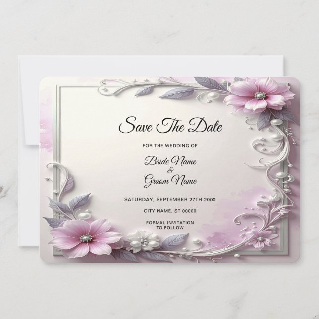 Pink Floral Frame Save The Date (Vorderseite)