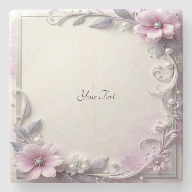 Pink Floral Frame Stone Coaster Steinuntersetzer (Vorderseite)