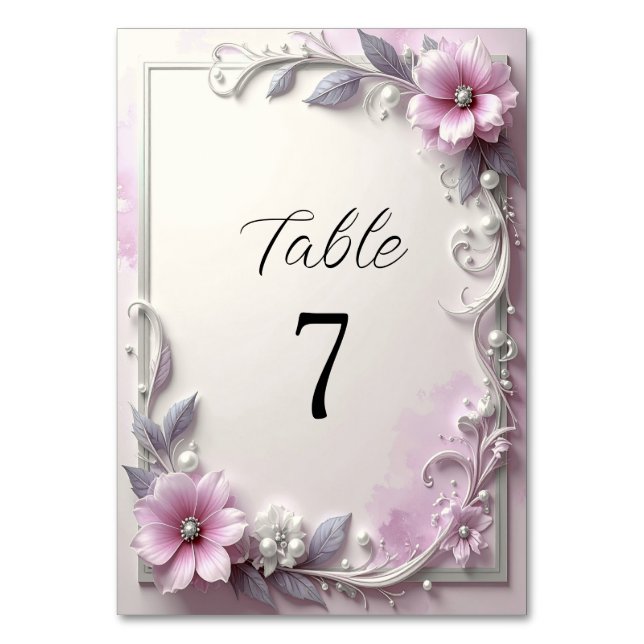 Pink Floral Frame Table Number Tischnummer (Vorderseite)