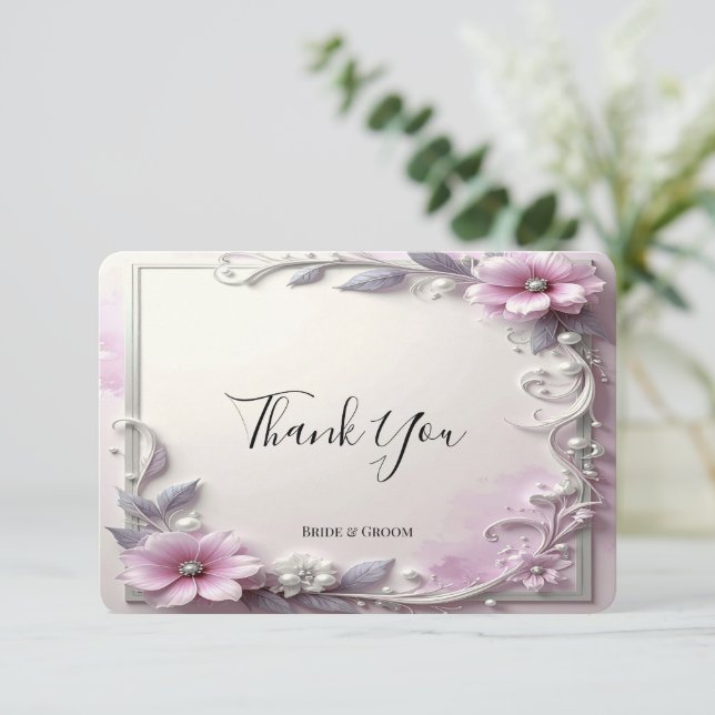 Pink Floral Frame Thank You Card Dankeskarte (Stehend Vorderseite)