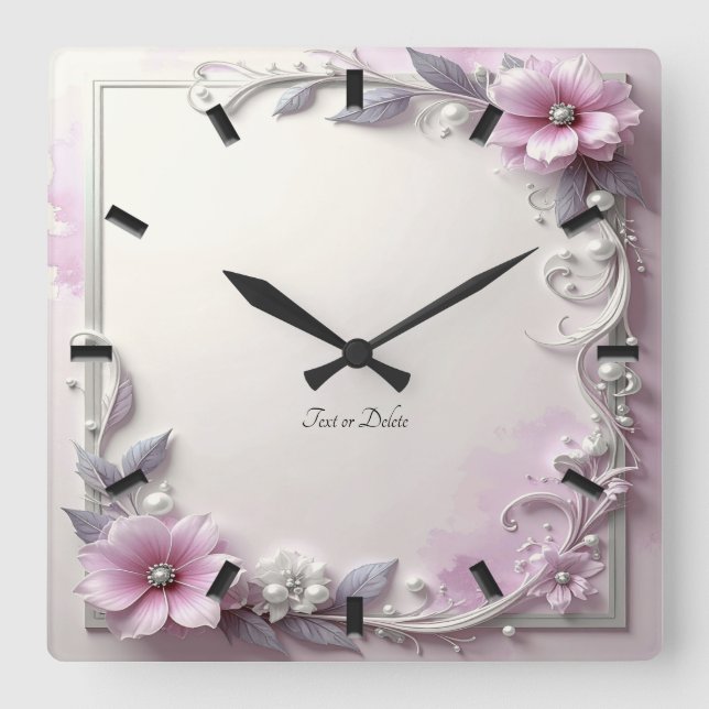 Pink Floral Frame Wall Clock Quadratische Wanduhr (Vorderseite)