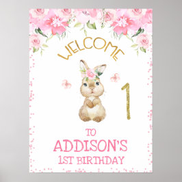 Pink Floral Furry Bunny First Geburtstag Willkomme Poster