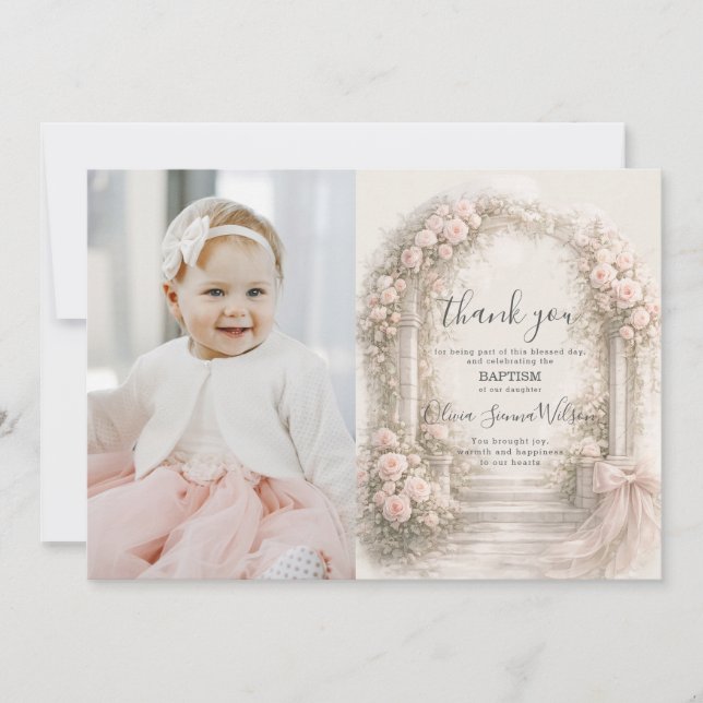 Pink Floral Garden Bow Baptism Christening Photo Dankeskarte (Vorderseite)