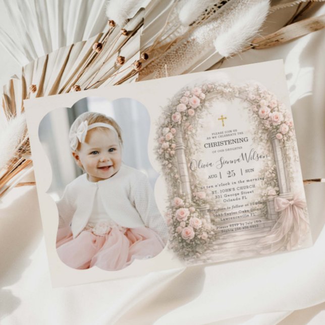 Pink Floral Garden Bow Baptism Christening Photo Einladung (Von Creator hochgeladen)