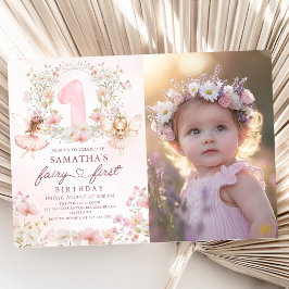 Pink Floral Garden Fairy First Birthday Photo Einladung