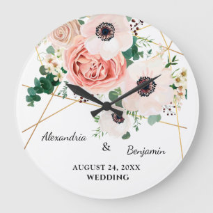 Pink Floral Garden Wedding Anniversary Personalize Große Wanduhr