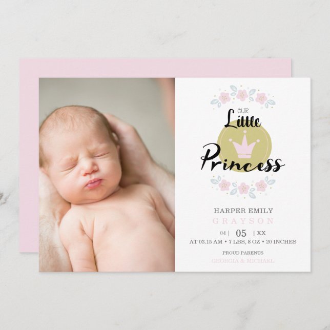 Pink Floral Garland Princess Crown Newborn Girl Ankündigung (Vorne/Hinten)