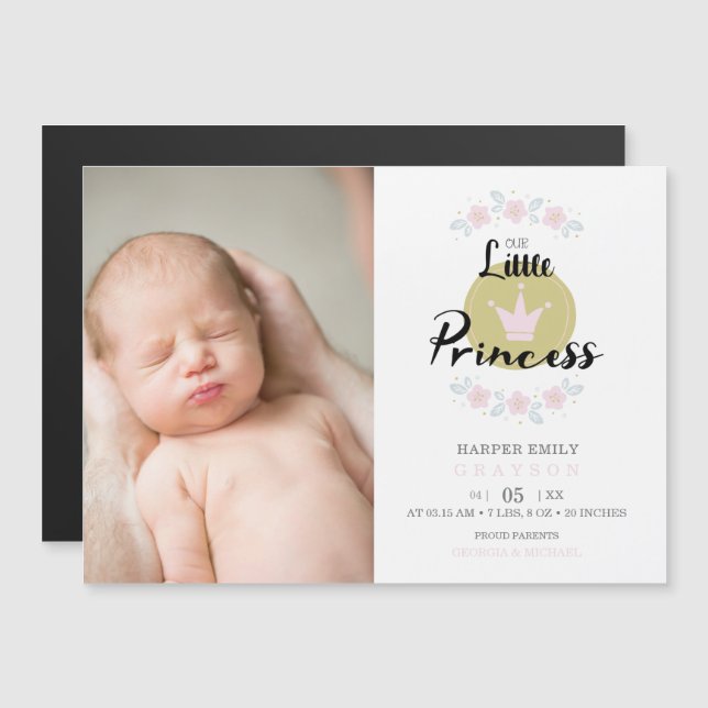 Pink Floral Garland Princess Crown Newborn Girl  Magnetkarte (Vorne/Hinten)