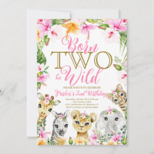 Pink Floral Geboren Two be Wild Jungle Birthday Gi Einladung
