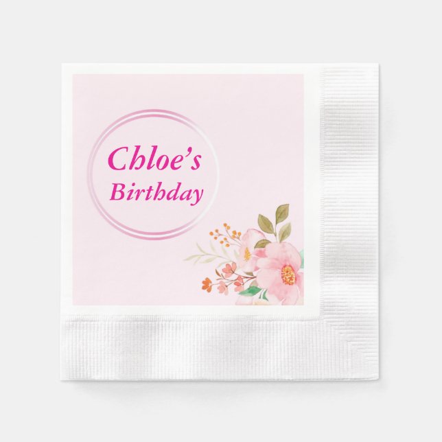 Pink Floral Geburtstagsparty Napkins Serviette (Vorderseite)