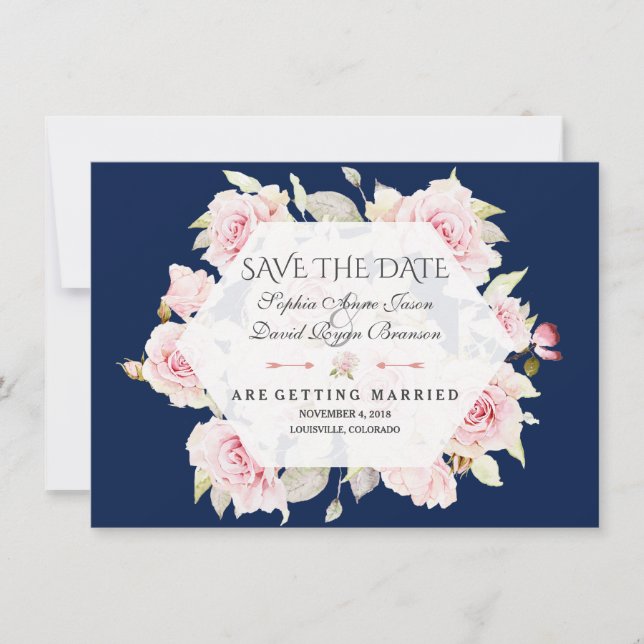 Pink Floral Geometric Navy Blue Save the Date (Vorderseite)