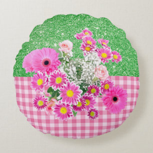 Pink Floral & Gingham Apple Green Imitats Glitzer Rundes Kissen