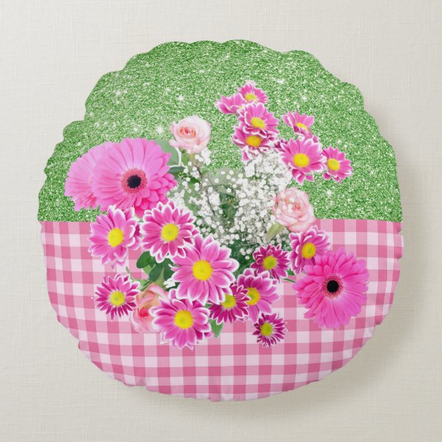 Pink Floral & Gingham Apple Green Imitats Glitzer Rundes Kissen (Vorderseite)