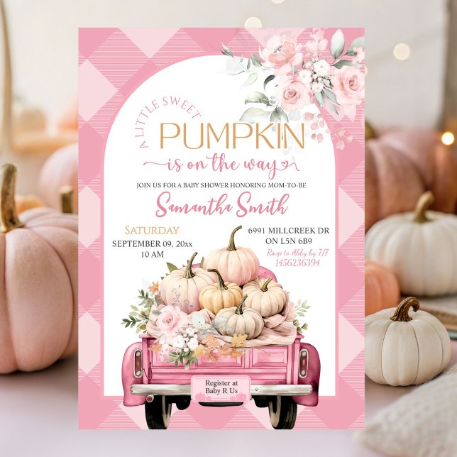 Pink Floral Gingham Pumpkin Truck Baby Dusche Einladung (Von Creator hochgeladen)