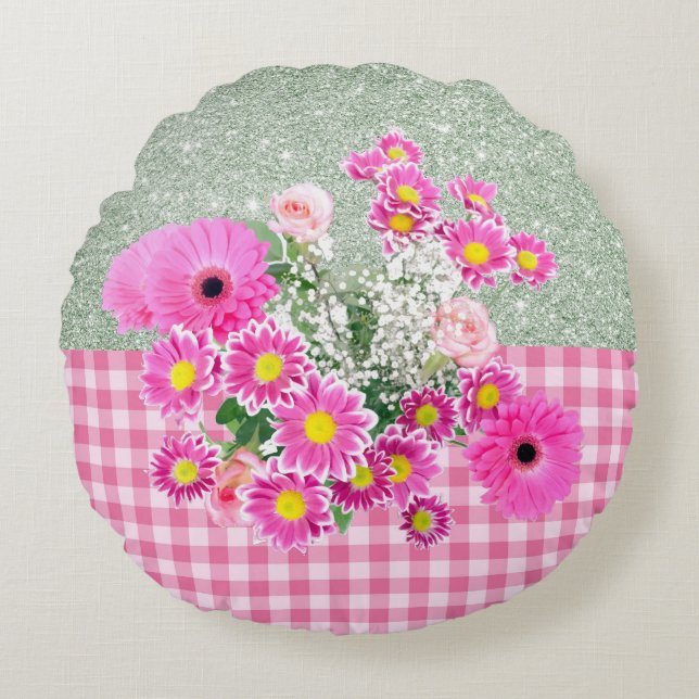 Pink Floral & Gingham Soft Green Imitats Glitzer Rundes Kissen (Vorderseite)