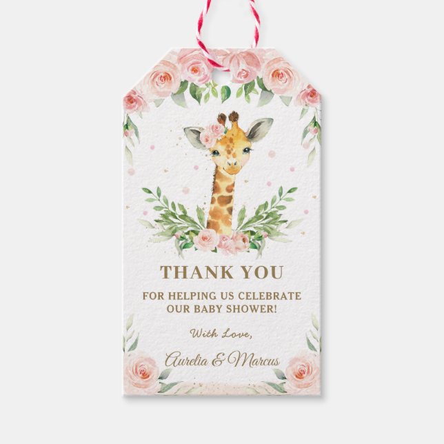 Pink Floral Giraffe Jungle Animals Baby Dusche Geschenkanhänger (Vorderseite)