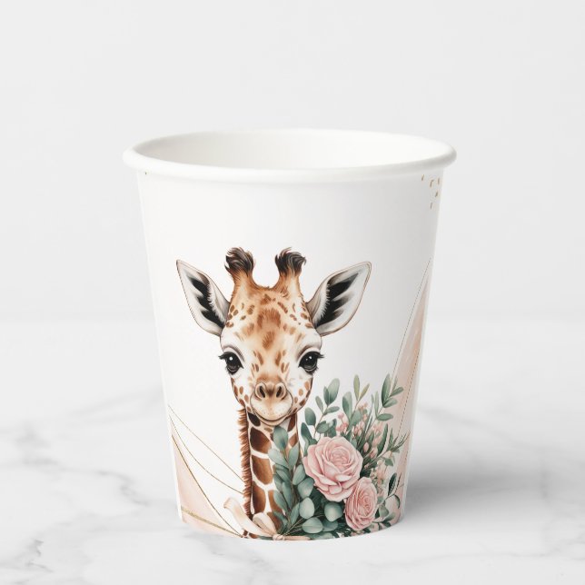 Pink Floral Giraffe Safari Baby Shooting Paper Cup Pappbecher (Vorderseite)