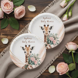 Pink Floral Giraffe Safari Baby Shower Paper Plaka Pappteller