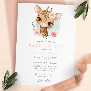 Pink Floral Giraffe Watercolor Girl Babydusche Einladung