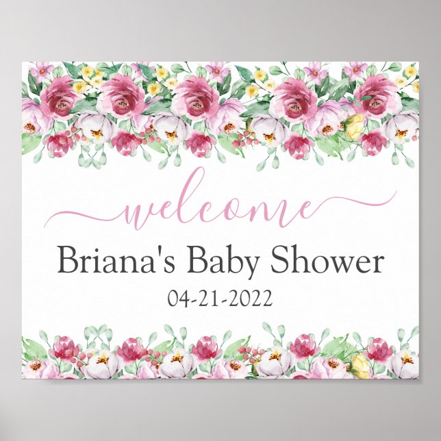 Pink Floral Girl Babydusche Begrüßungszeichen Poster (Vorne)