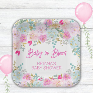 Pink Floral Girl Babydusche Pappteller