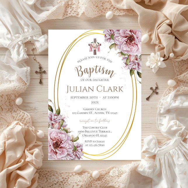 Pink Floral Girl Baptism Invitation Einladung (Von Creator hochgeladen)