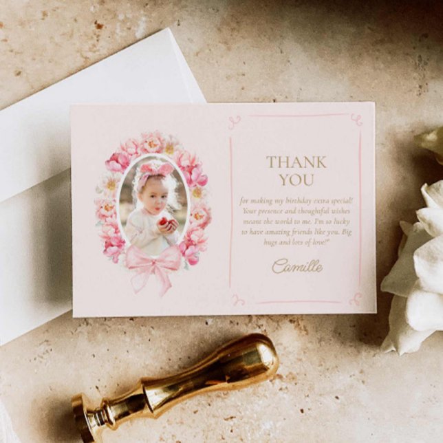 Pink Floral Girl Geburtstags-Foto Dankeskarte (Pink Floral Birthday Photo thank you card)